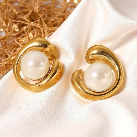 πModern Classic 18K Gold Plated Faux Pearl Earrings | Dainty Chic Minimalist - Picture 6 of 10
